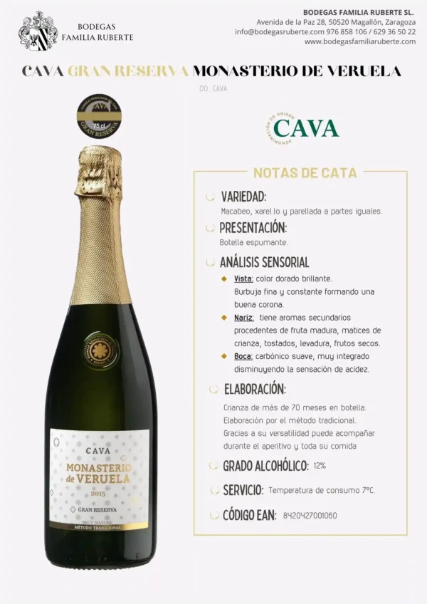 CAVA BRUT NATURE MONASTERIO DE VERUELA GRAN RESERVA - Imagen 2