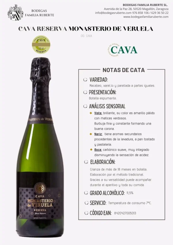 CAVA BRUT NATURE MONASTERIO DE VERUELA RESERVA - Imagen 2
