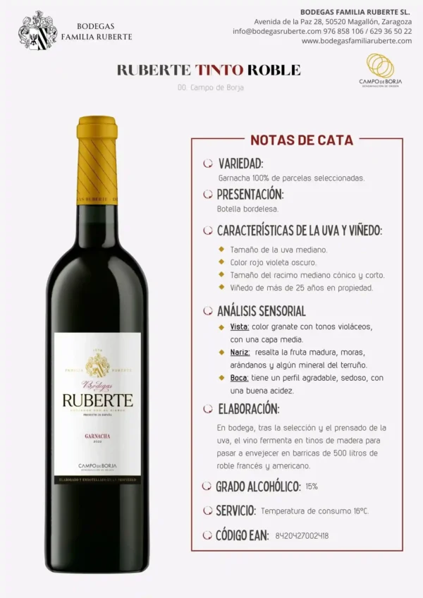 RUBERTE TINTO ROBLE GARNACHA 2023 - Imagen 2